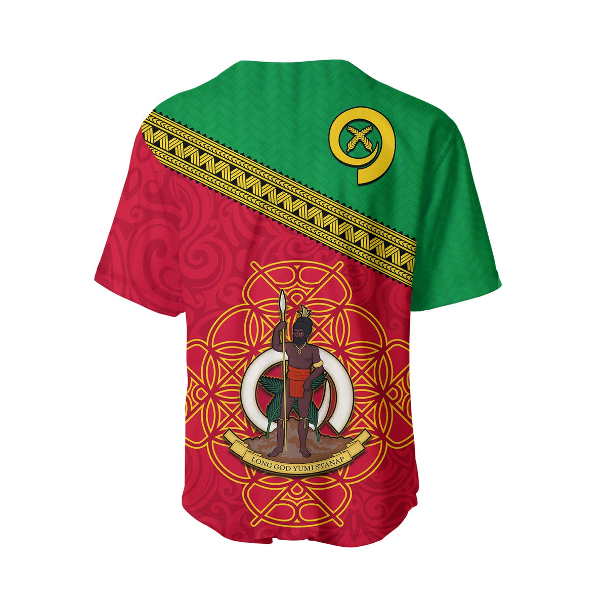 Vanuatu baseball jersey back view, red/green with gold diagonal band and crest emblem