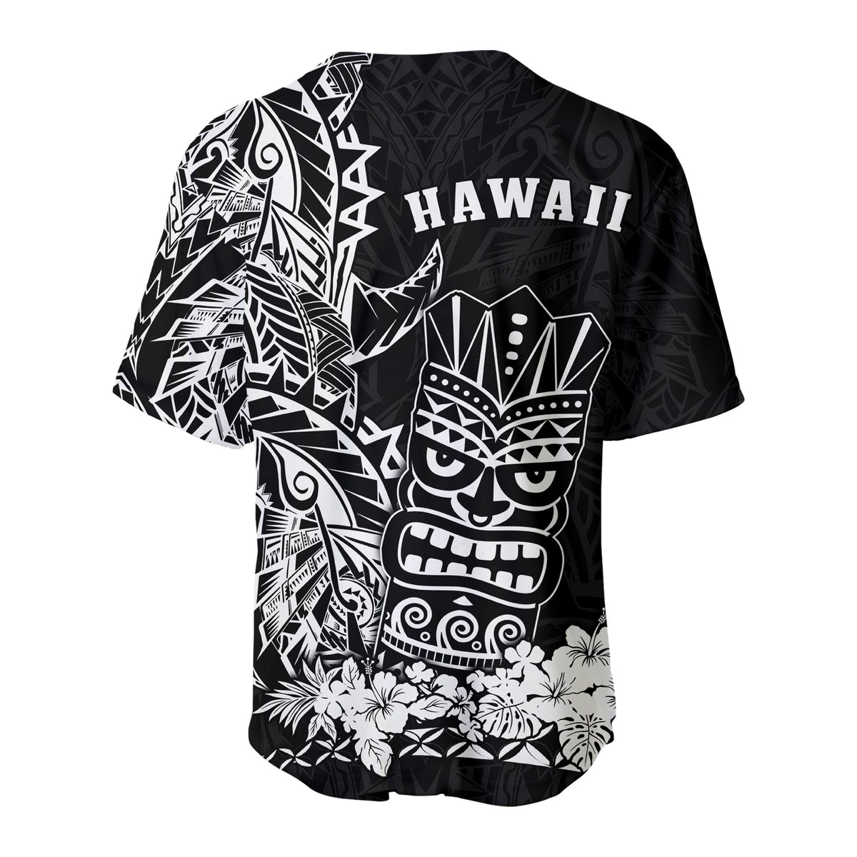 Black short-sleeve jersey with “HAWAII” text and large tiki mask design on back