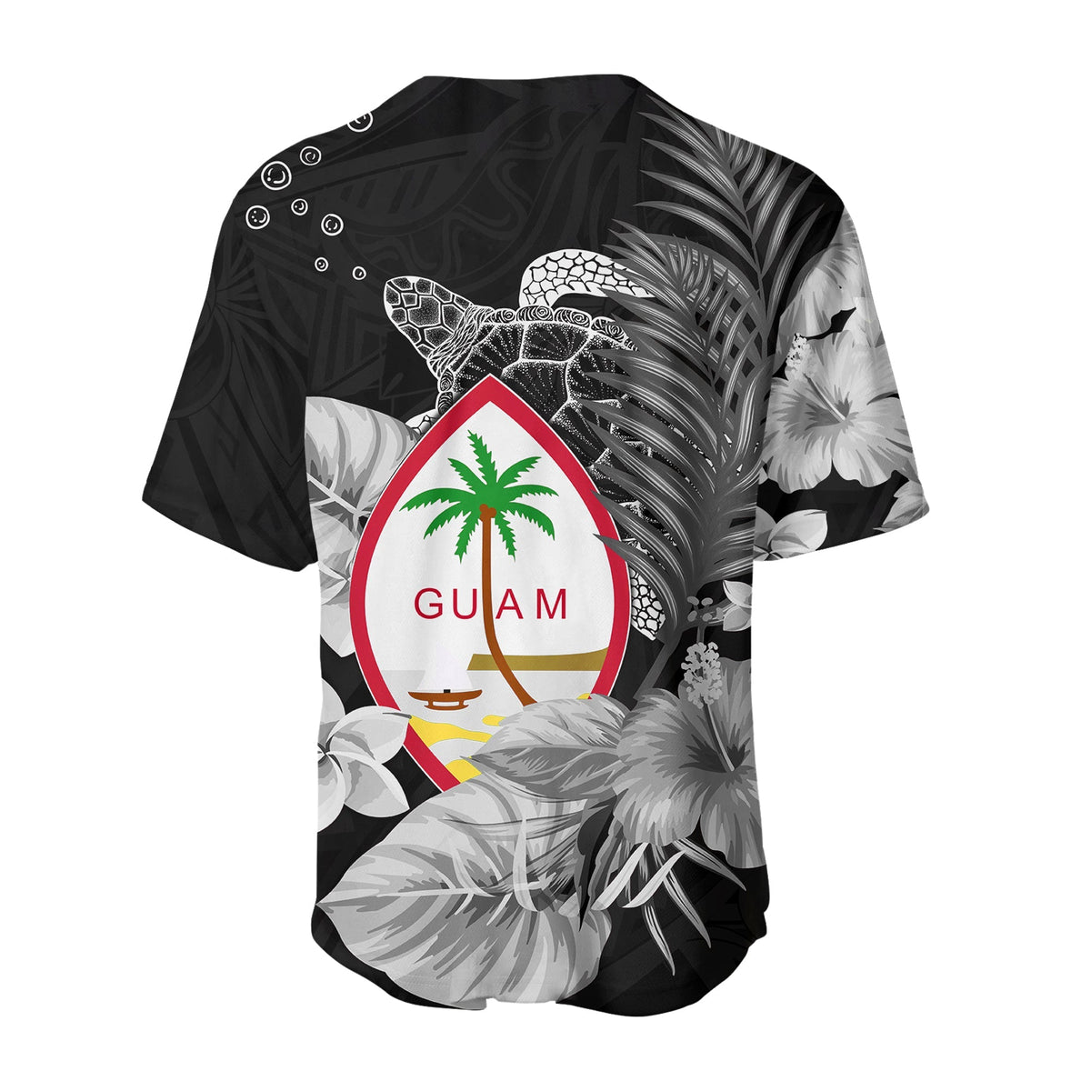 Black baseball jersey with tropical leaves, turtle artwork, and red-white Guam crest on chest