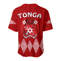 Red Tonga baseball jersey back design with crest logo and white zigzag pattern
