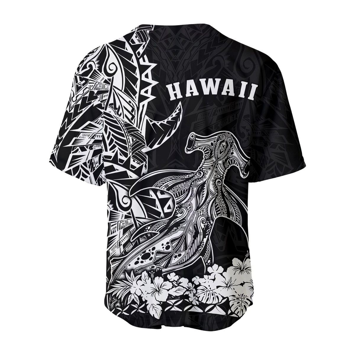 Black Hawaiian baseball jersey back with HAWAII text, shark artwork, tribal motifs