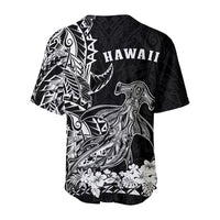 Black Hawaiian baseball jersey back with HAWAII text, shark artwork, tribal motifs
