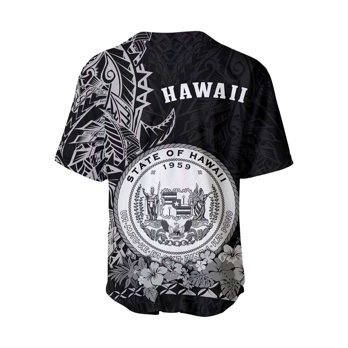 Baseball jersey back view, dark with “HAWAII” text and large white state seal emblem