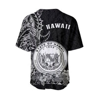 Baseball jersey back view, dark with “HAWAII” text and large white state seal emblem