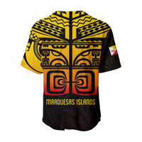 Tiki baseball jersey yellow/black back with MARQUESAS ISLANDS text and tiki pattern
