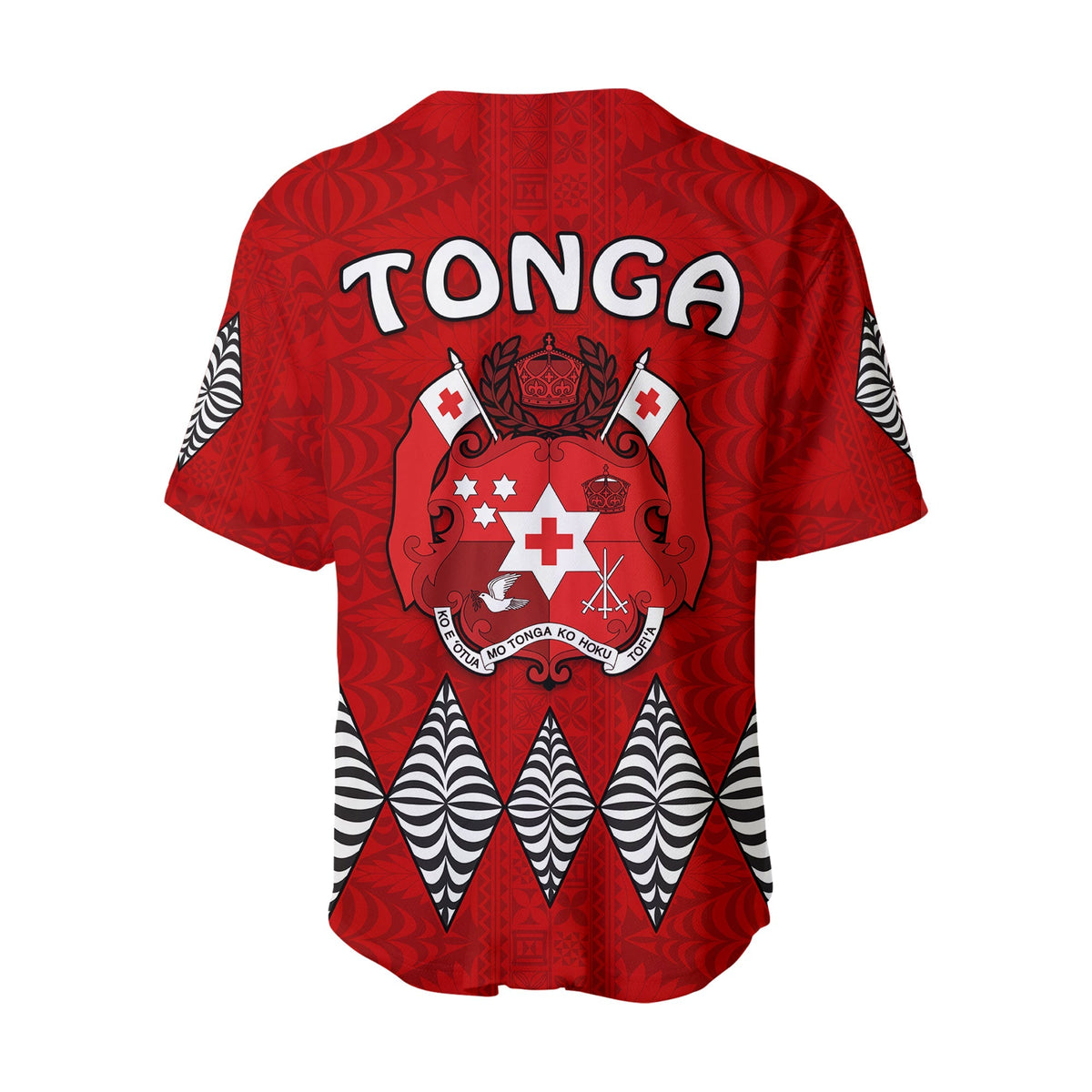 Red jersey back view, large Tonga logo and crest emblem