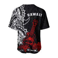 Black baseball jersey with large red ukulele graphic, Hawaii text, and white tribal design