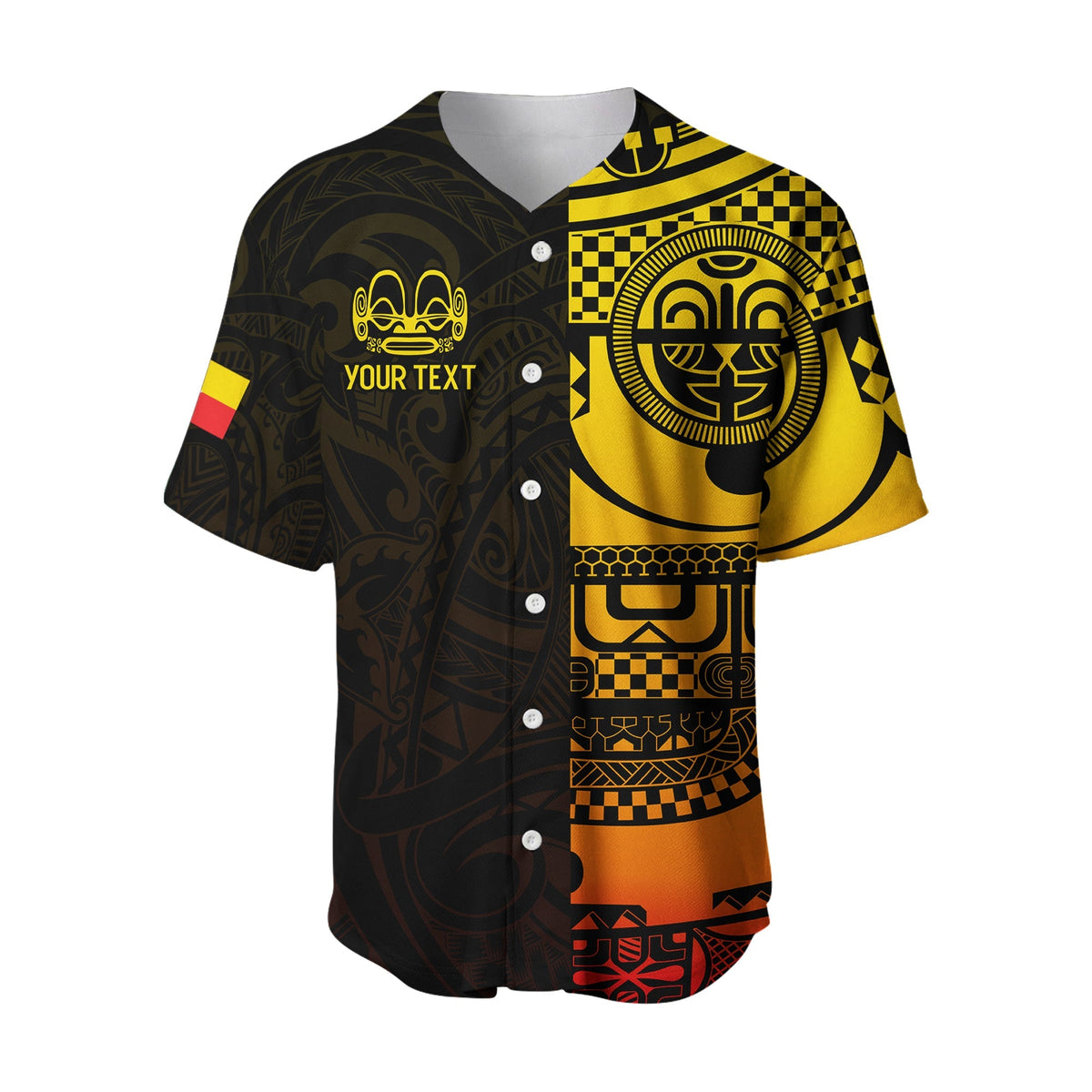 Tiki baseball jersey yellow/black with tiki emblem, button placket, sleeve flag
