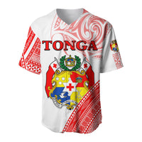 Tonga baseball jersey, white with red trims and large crest graphic on front