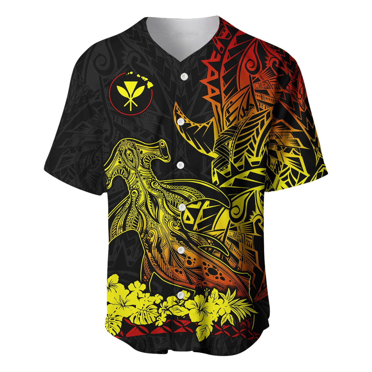 Black baseball jersey with hibiscus emblem, detailed shark illustration, yellow flower hem
