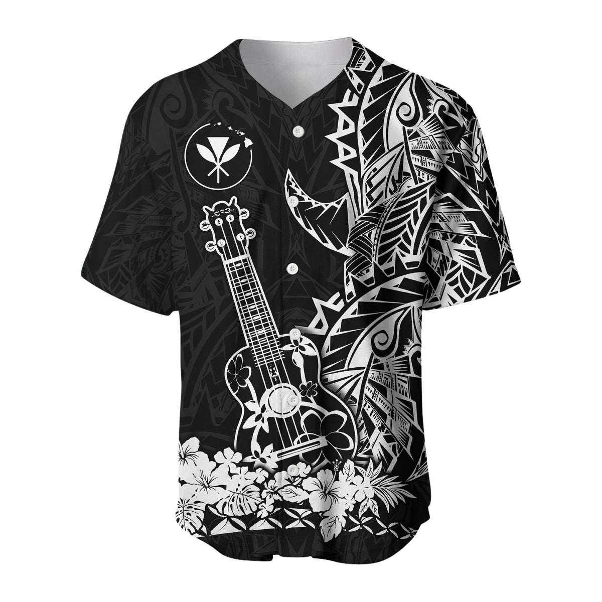 Black baseball jersey with ukulele, tiki-style patterns, and white floral band at bottom