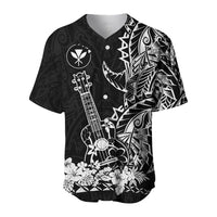 Black baseball jersey with ukulele, tiki-style patterns, and white floral band at bottom