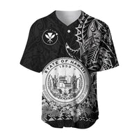 Baseball jersey front, dark with white state seal and floral print at hem, button collar