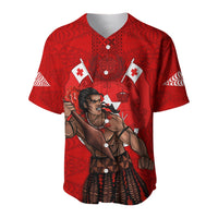Red Tonga Warriors jersey front with V-neck buttons and warrior emblem print