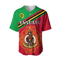 Vanuatu baseball jersey front, red/green with gold emblem, diagonal stripe, and crest