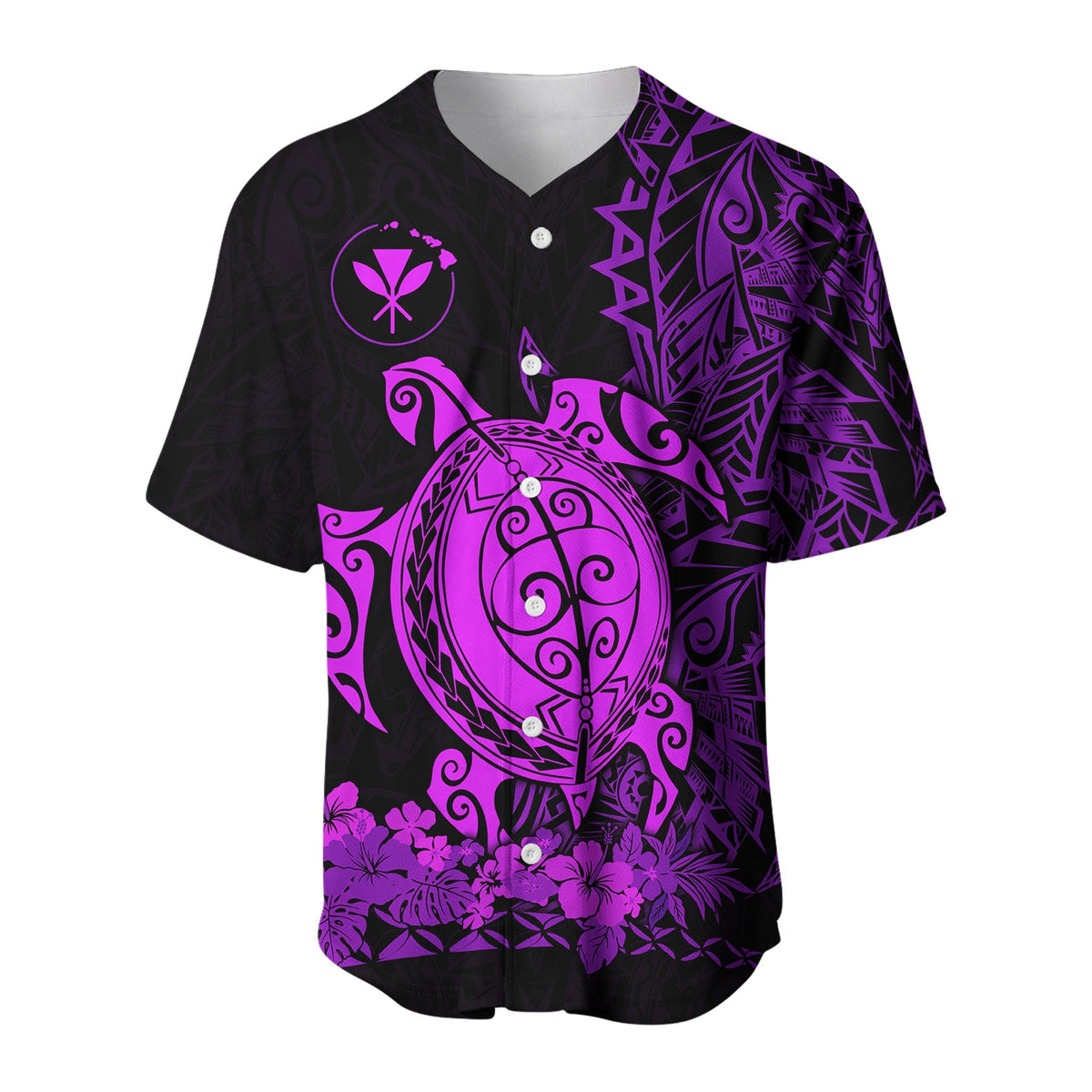 Purple baseball jersey with sea turtle emblem, hibiscus flowers, and buttoned V-neck