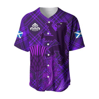 Purple baseball jersey, front view with thistle emblem, lion graphic, and white shoulder accents