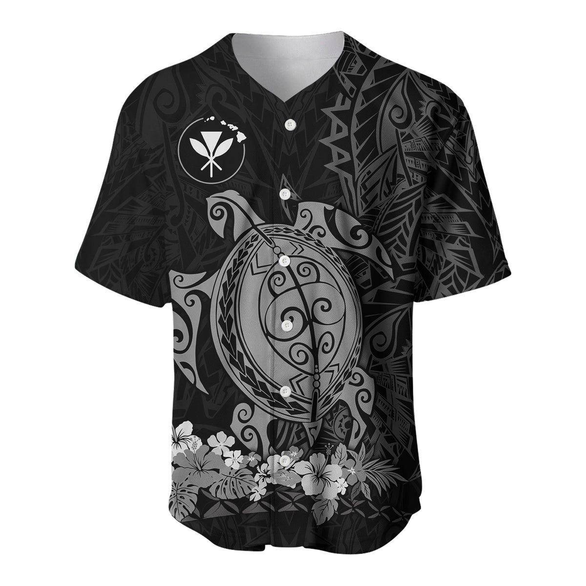 Dark front baseball jersey with shell-style sea turtle emblem and flower border hem