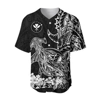 Black Hawaiian baseball jersey with button placket, shark and tribal pattern, floral hem