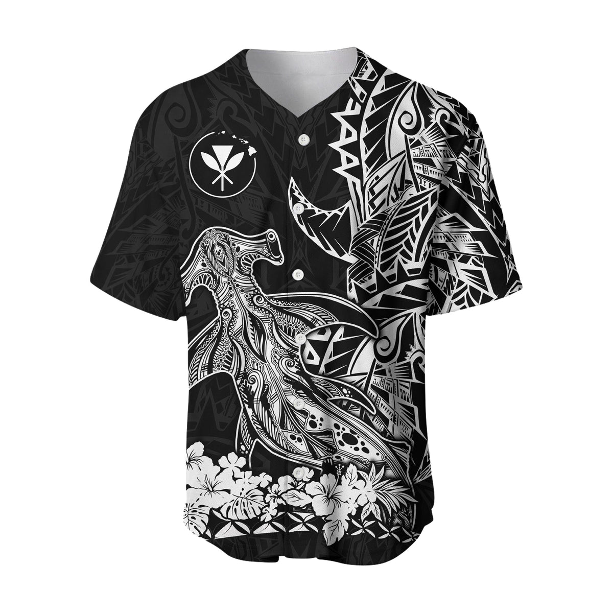 Black baseball jersey with tribal shark front art, floral hem and collar buttons