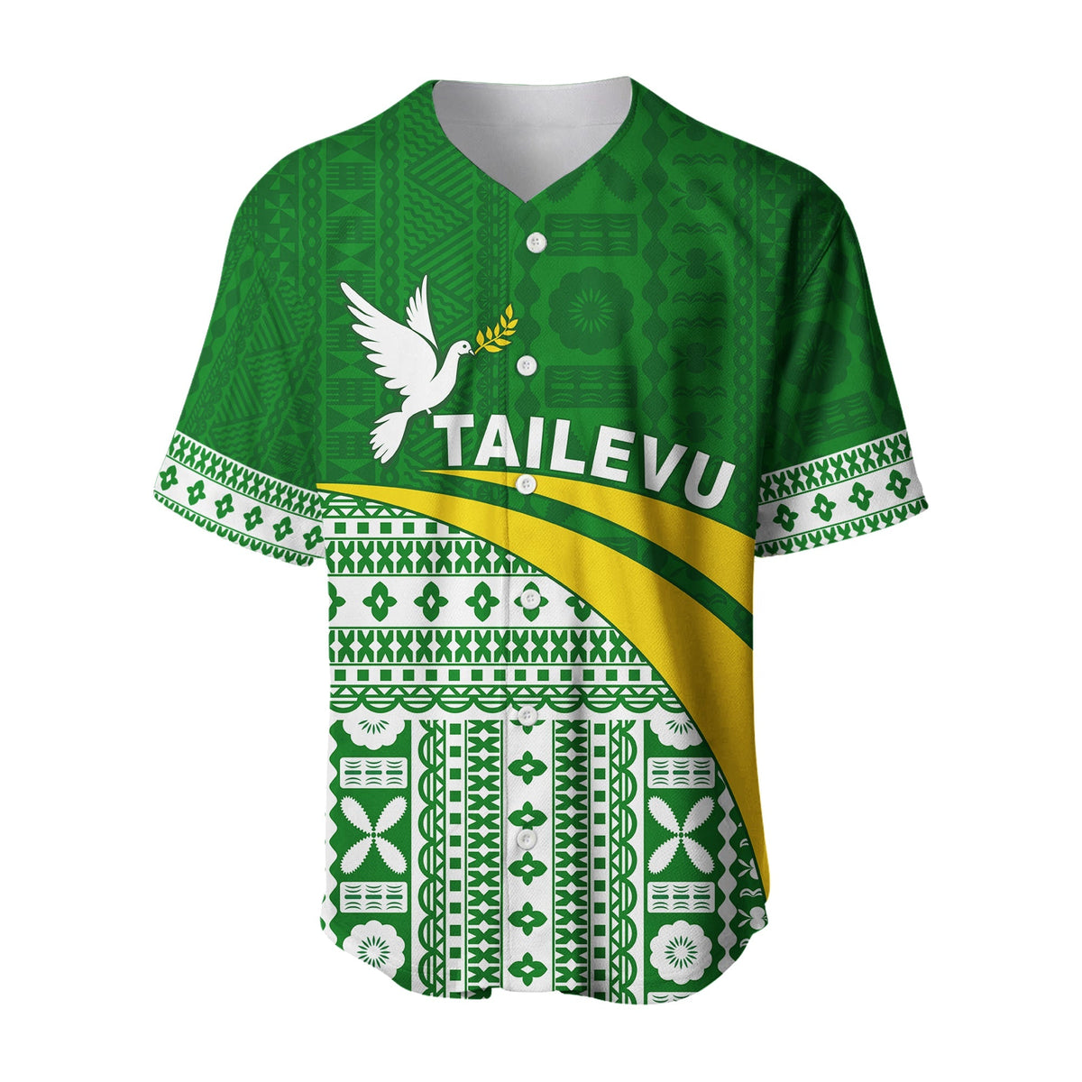 Green Tailevu rugby baseball jersey, 'TAILEVU' front with dove and tapa pattern