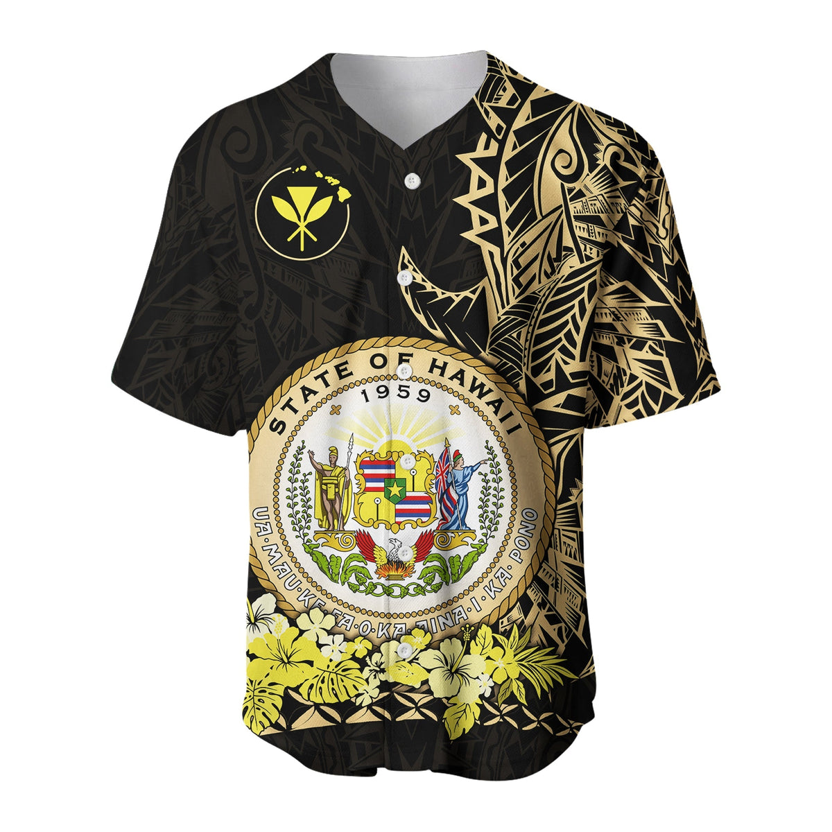 Hawaiian baseball jersey front with flower emblem, Hawaii seal, and gold leaf print