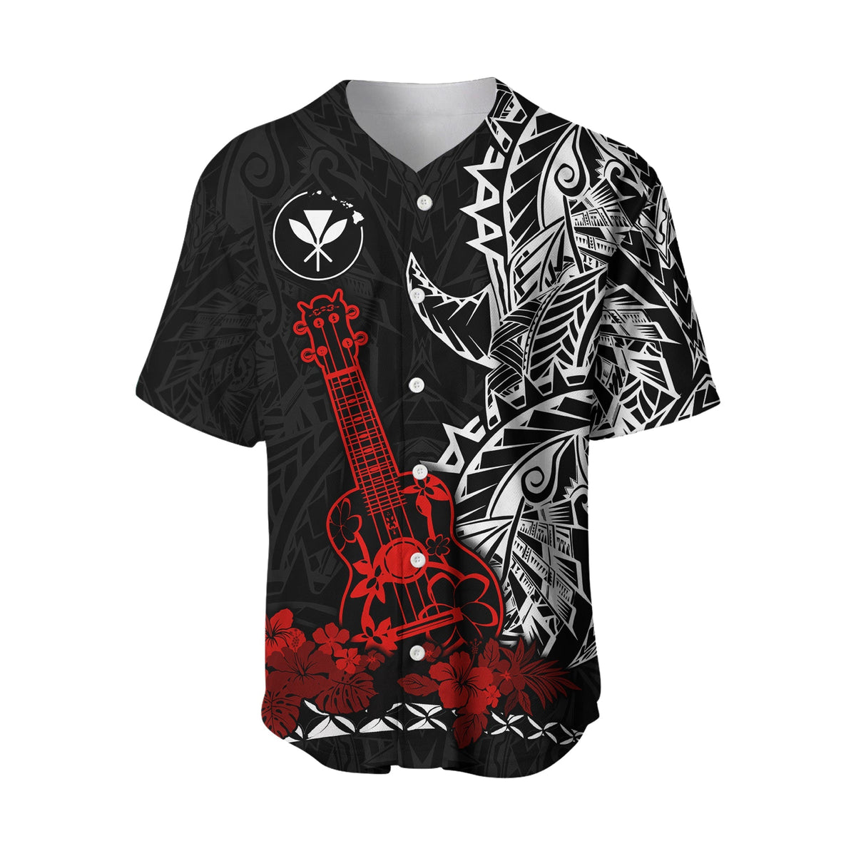 Black baseball jersey with red guitar/ukulele graphic, white tribal art, and floral hem