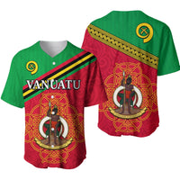 Vanuatu baseball jersey, red/green with gold crest emblem and Vanuatu text