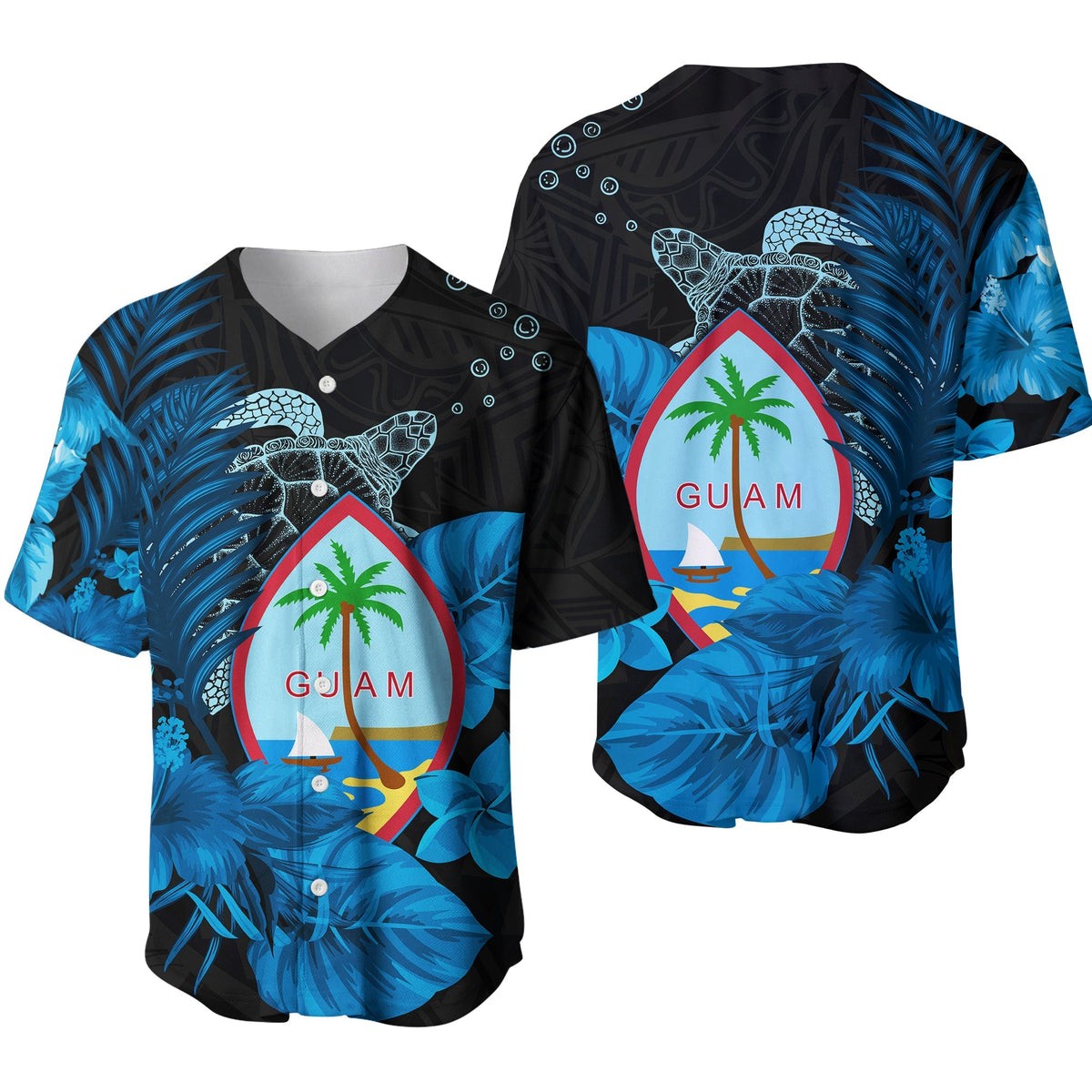 Guam Seal Baseball Jersey Polynesian Turtle with Flowers Version Blue LT13 - Wonder Print Shop