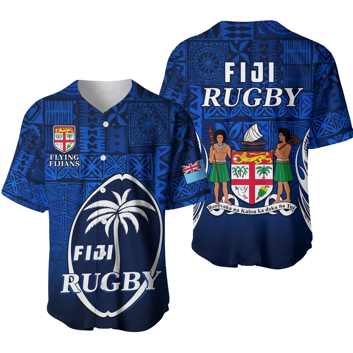 Fiji Rugby Baseball Jersey Flying Fijians Blue Tapa Pattern LT13 - Wonder Print Shop