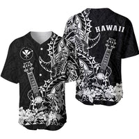 Black baseball jersey with white ukulele artwork, floral hem, and buttoned V-neck
