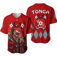 Red Tonga Warriors baseball jersey, front graphic with crowned figure and crest