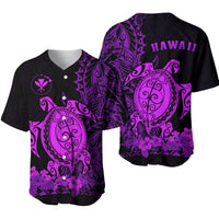 Purple & dark jersey with V-neck buttons, sea turtle and floral graphic, HAWAII print