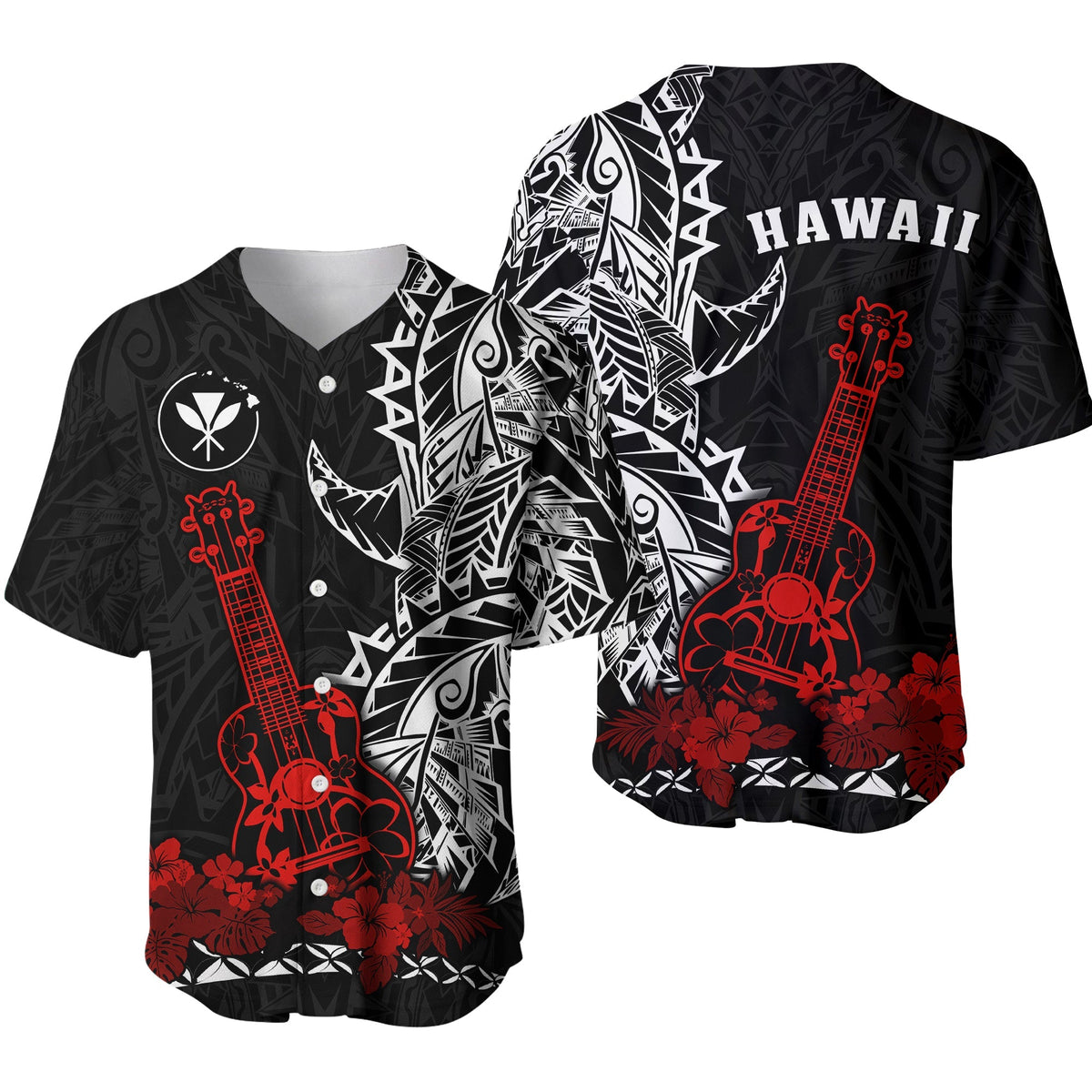 Hawaii Polynesian Baseball Jersey Red Ukulele LT13 - Wonder Print Shop