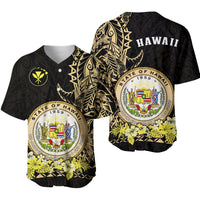 Gold and black Hawaiian baseball jersey with Hawaii state seal crest and floral hem