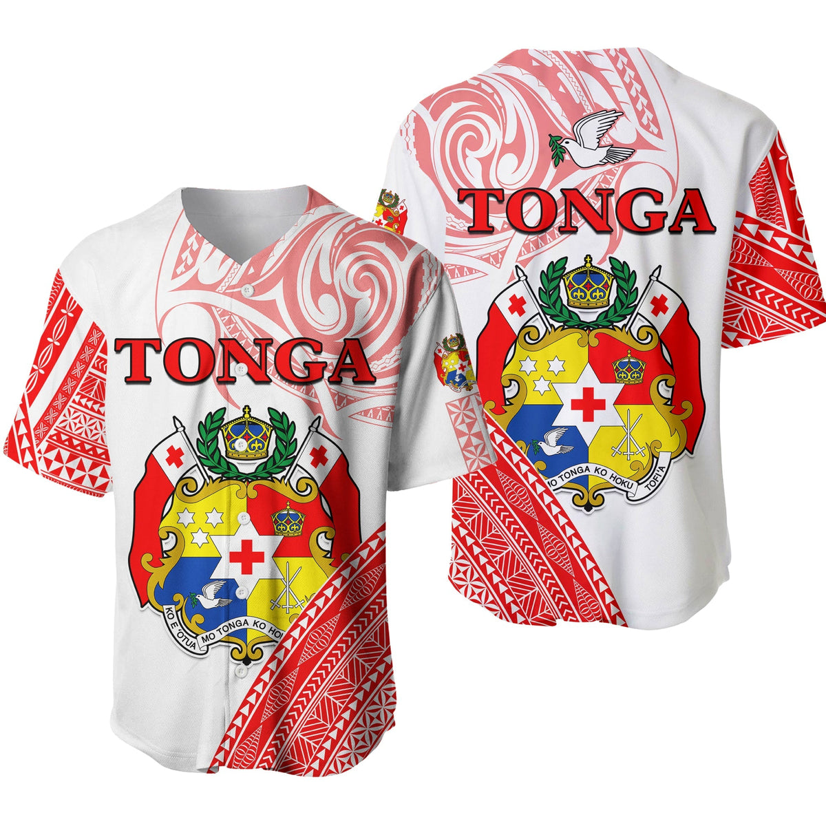 Tonga baseball jersey, white with red tribal pattern; back shows dove above TONGA