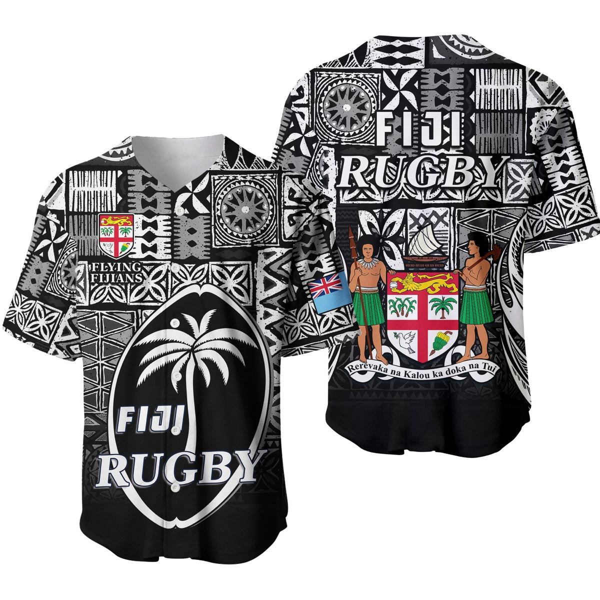 Fiji Rugby Baseball Jersey Flying Fijians Black Tapa Pattern LT13 - Wonder Print Shop