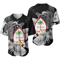 Baseball jersey with black tropical print, turtle graphic and Guam crest, front/back view