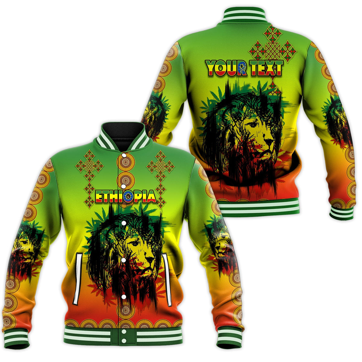 (Custom Personalised) Ethiopia Baseball Jacket Cross Mix Lion Colorful Style - Wonder Print Shop
