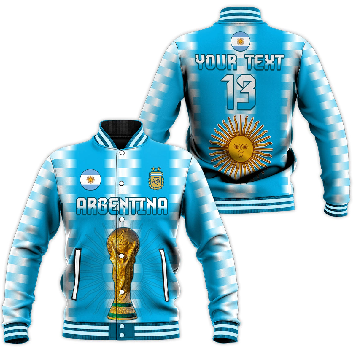 (Custom Text and Number) Argentina Football Champions Baseball Jacket La Albiceleste GOAT LT13 - Wonder Print Shop