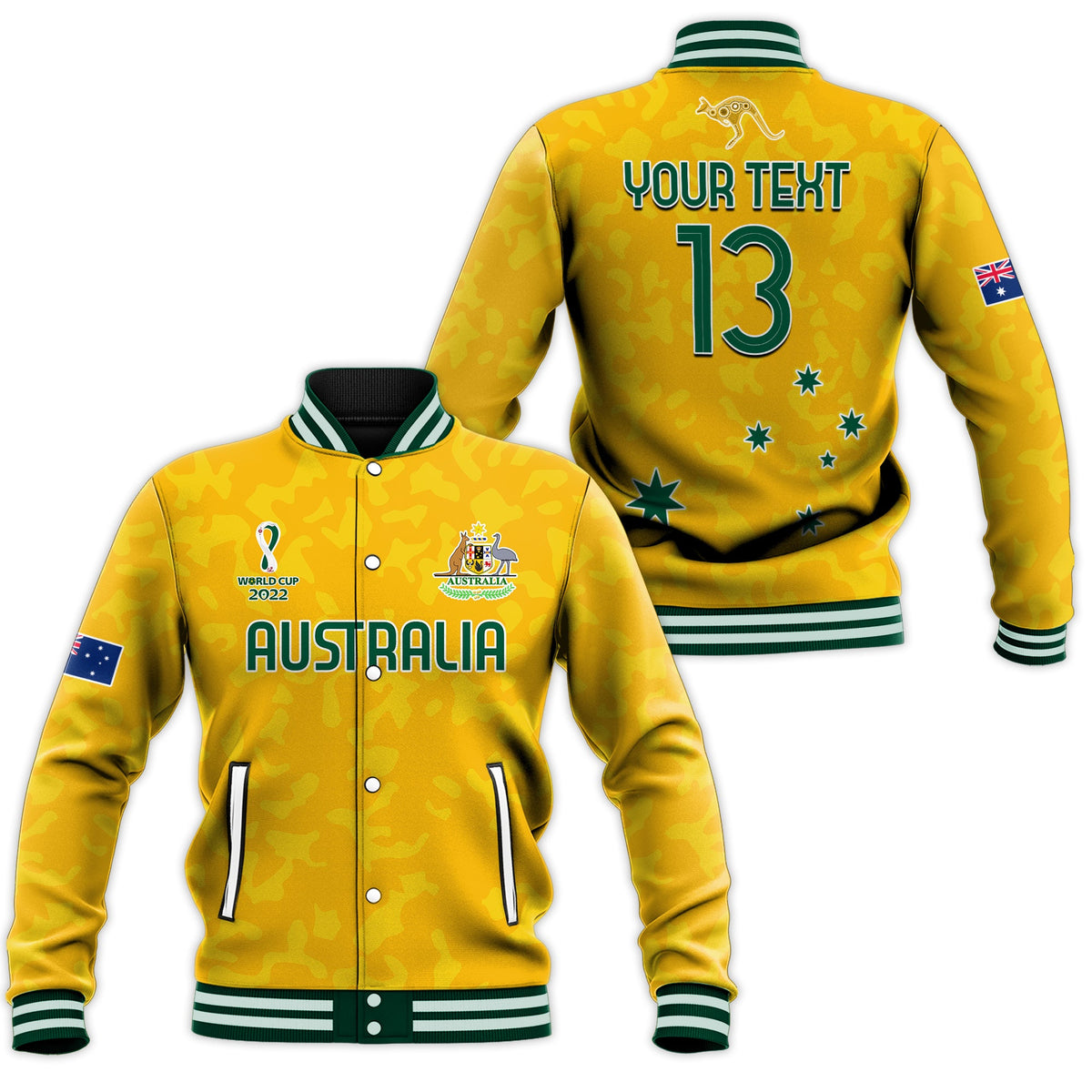 (Custom Text and Number) Australia Soccer Baseball Jacket World Cup Football 2022 Socceroos with Kangaroos LT13 - Wonder Print Shop