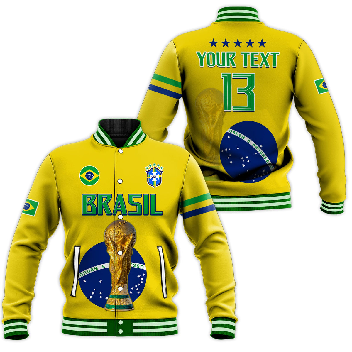(Custom Text and Number) Brazil Football Baseball Jacket Go Champions Selecao Campeao LT13 - Wonder Print Shop