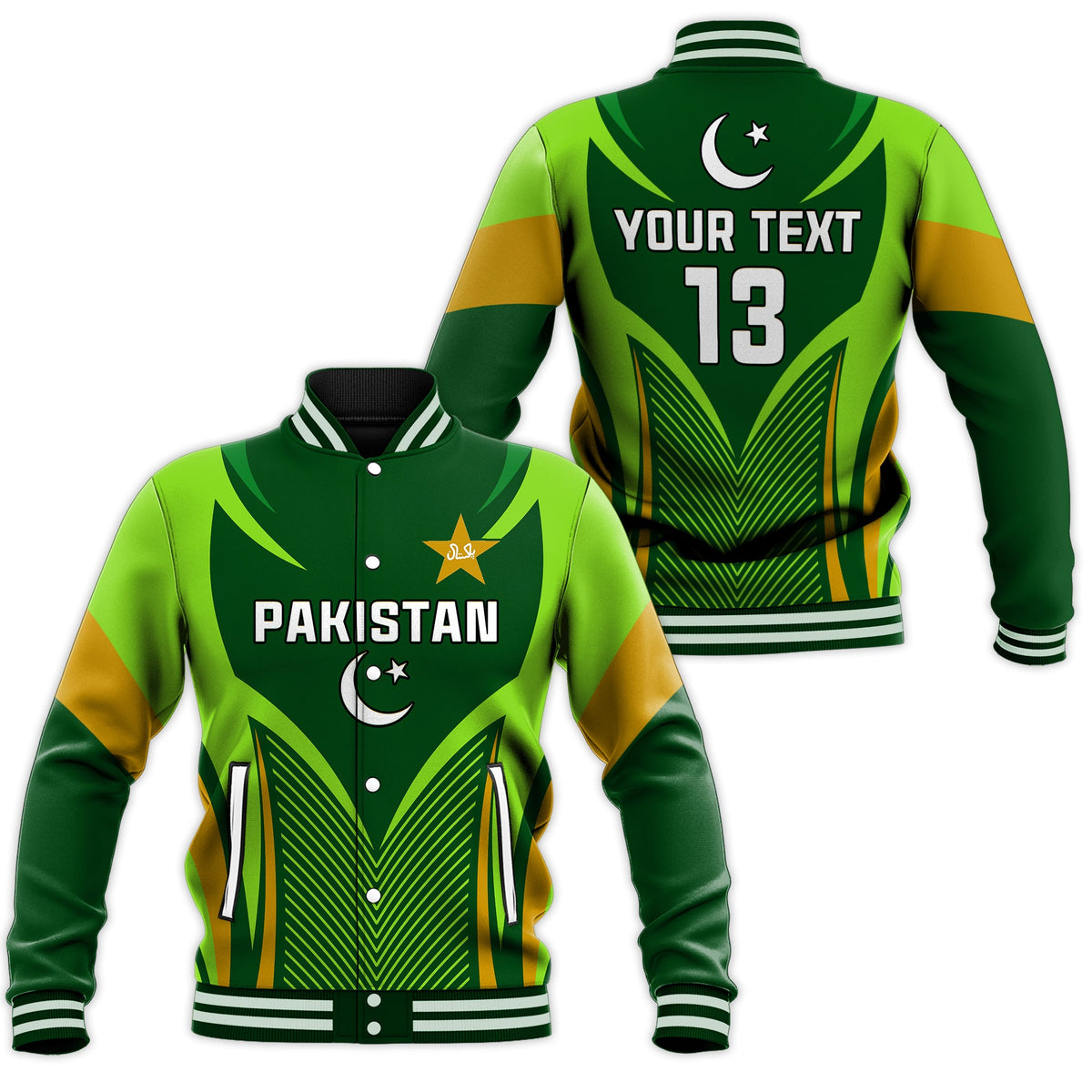 (Custom Text and Number) Pakistan Cricket Baseball Jacket Green Shaheens Champion LT13 - Wonder Print Shop