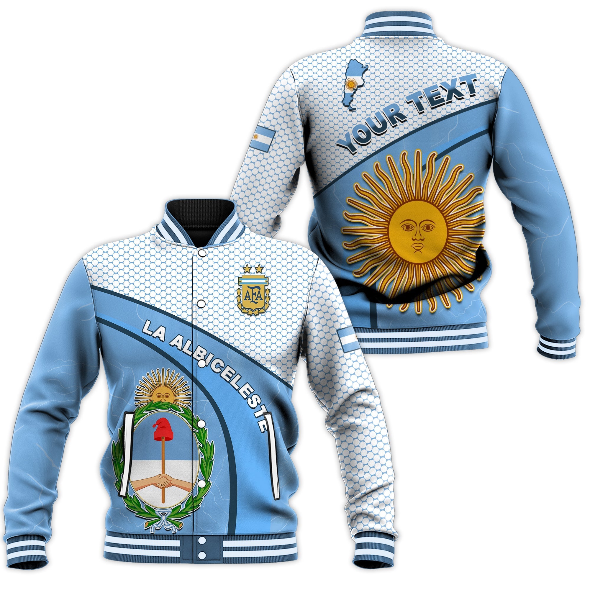 (Custom Personalised) Argentina Football 2022 Baseball Jacket Champions Blue Sky May Sun LT13 - Wonder Print Shop
