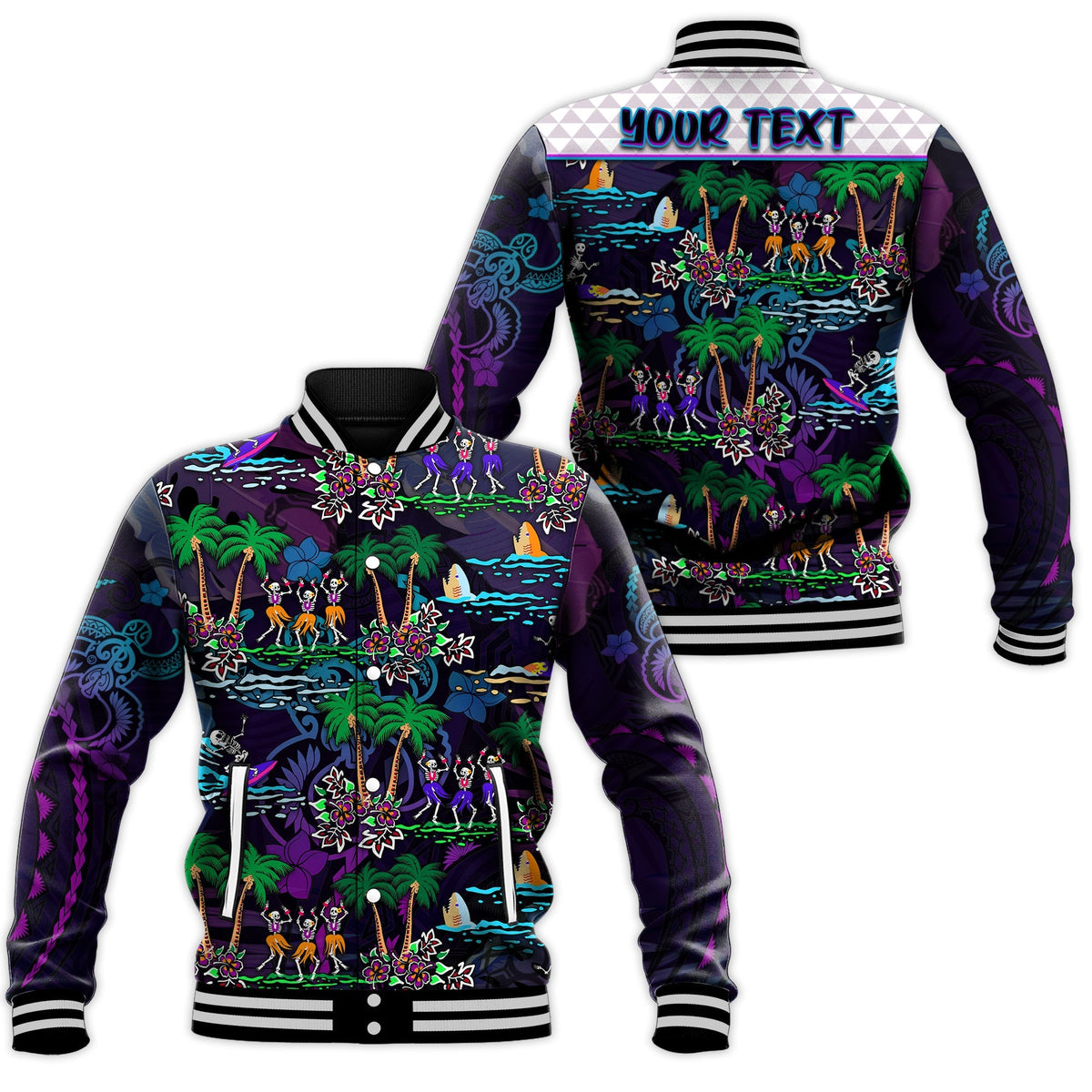 Custom Personalised Hawaii Skeleton Dancing Baseball Jacket Halloween Hawaiian Turtle LT13 - Wonder Print Shop