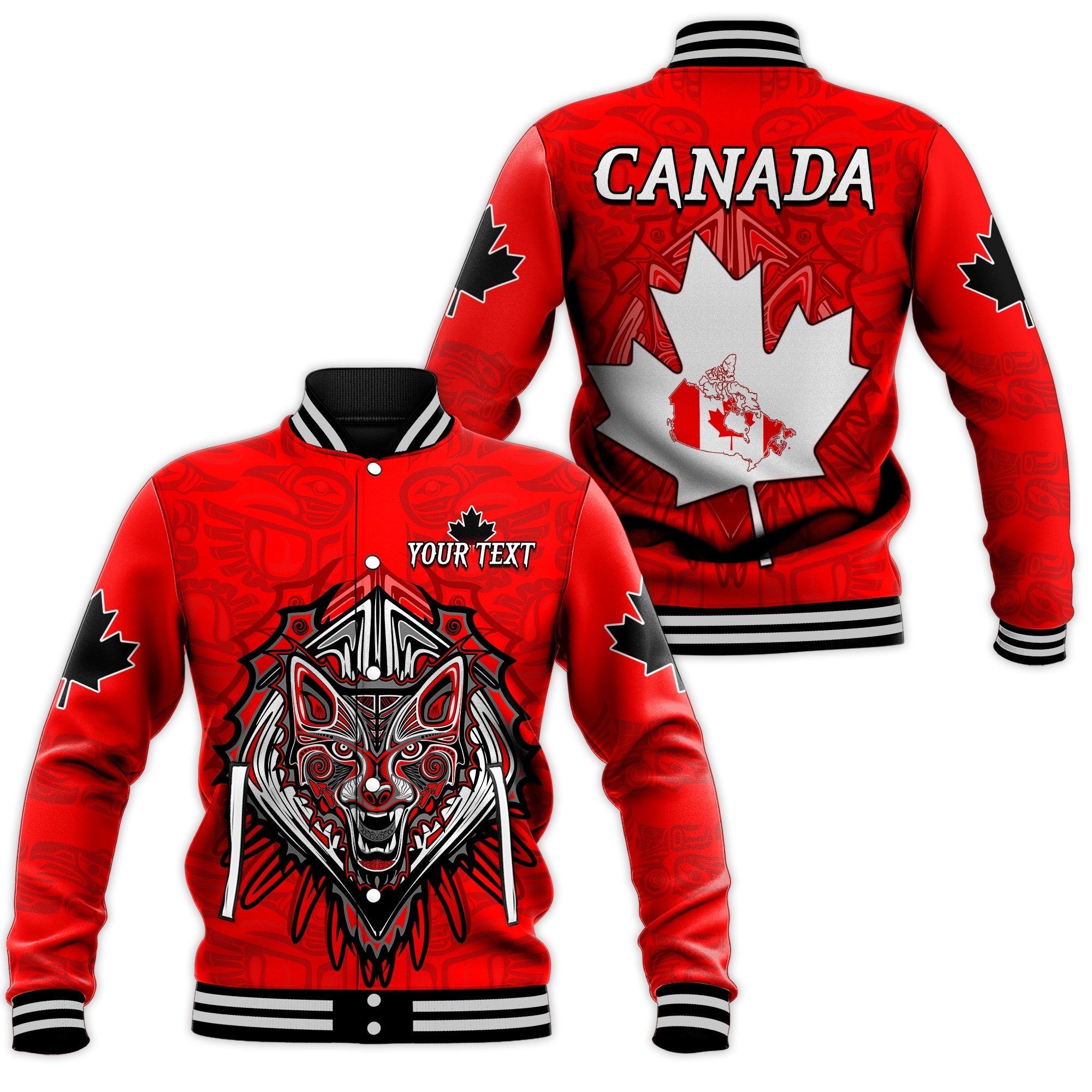 custom-personalised-canada-maple-leaf-baseball-jacket-red-haida-wolf