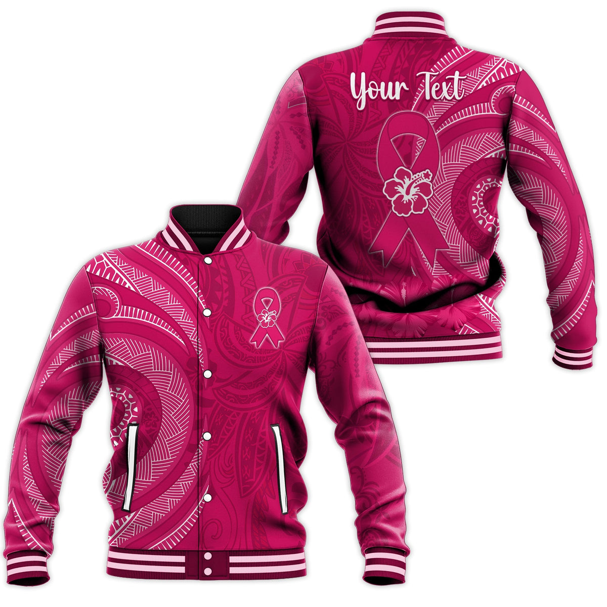 Custom Personalised Breast Cancer Awareness Baseball Jacket Hibiscus Polynesian No One Fights Alone LT13 - Wonder Print Shop