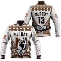 White baseball jacket with “YOUR TEXT” and “13” on back, Fiji Bati graphic