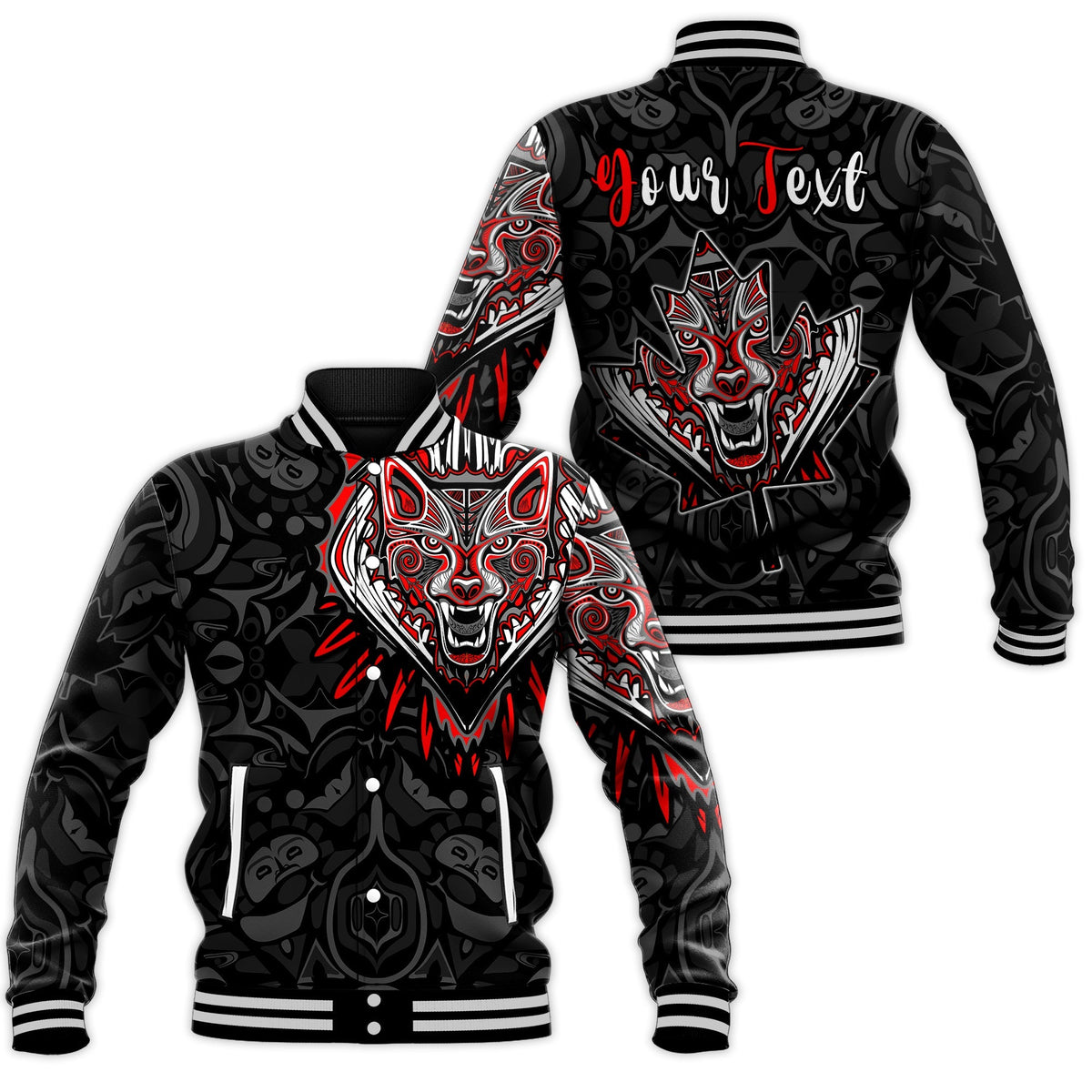 (Custom Personalised) Canada Wolf Baseball Jacket Haida and Maple Leaf LT13 - Wonder Print Shop