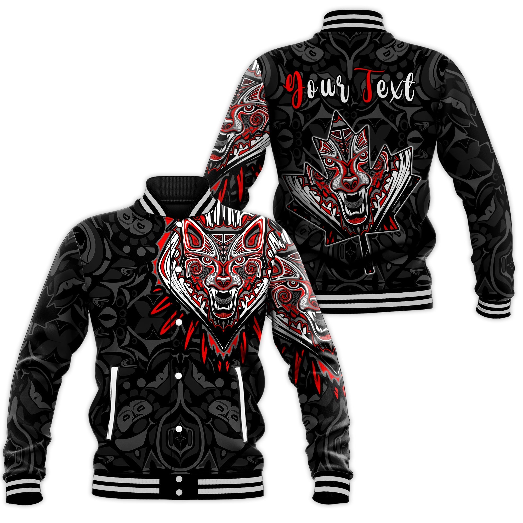 (Custom Personalised) Canada Wolf Baseball Jacket Haida and Maple Leaf LT13 - Wonder Print Shop